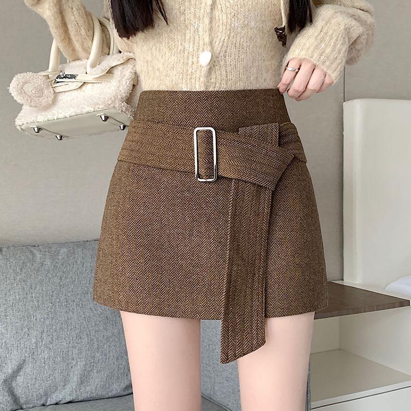 High Rise Herringbone Belted Mini A-Line Skirt Product Image