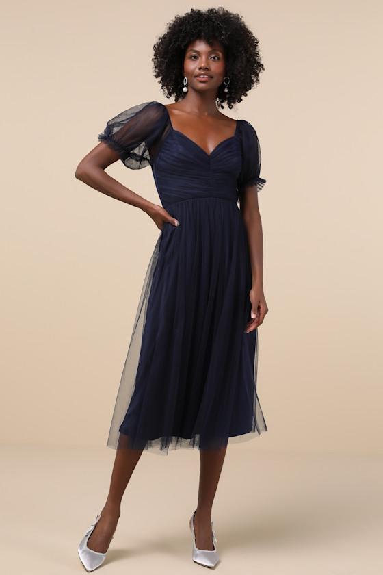 Glorious Chicness Navy Tulle Pleated Puff Sleeve Midi Dress Product Image