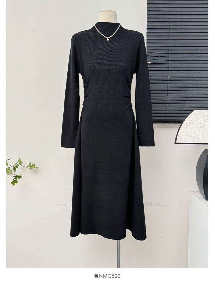 Mock-Neck Ruched Midi A-Line Dress Product Image