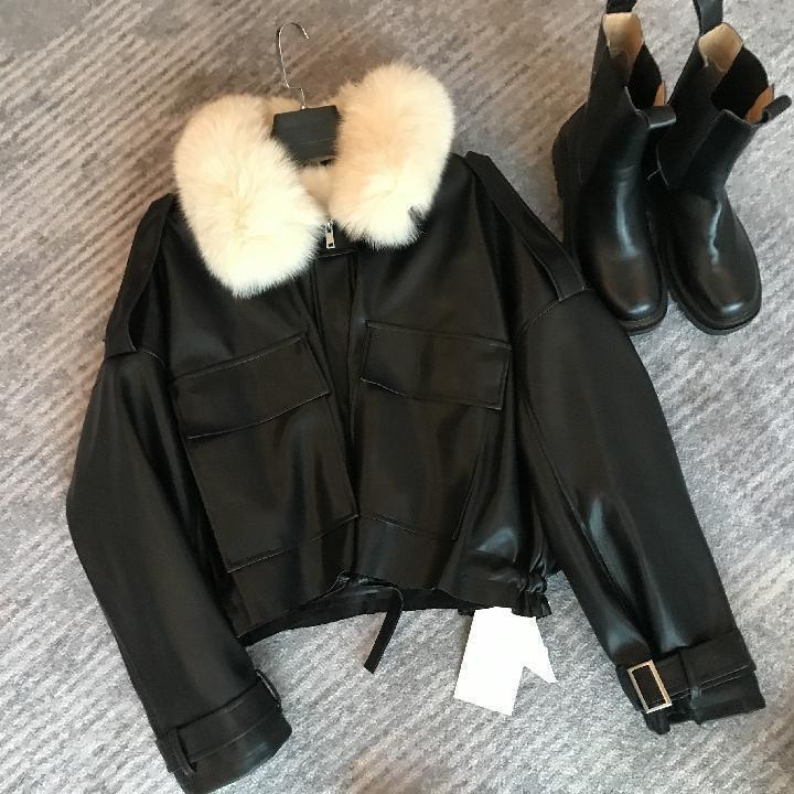 Plain Fluffy Trim Faux Leather Zip Jacket Product Image