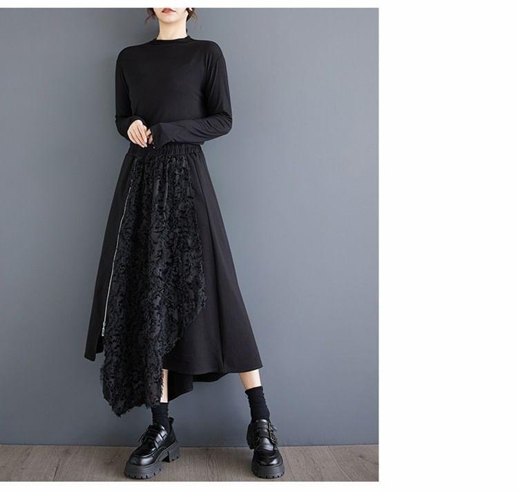 Elastic Waist Plain Frill Asymmetrical Panel Midi A-Line Skirt Product Image