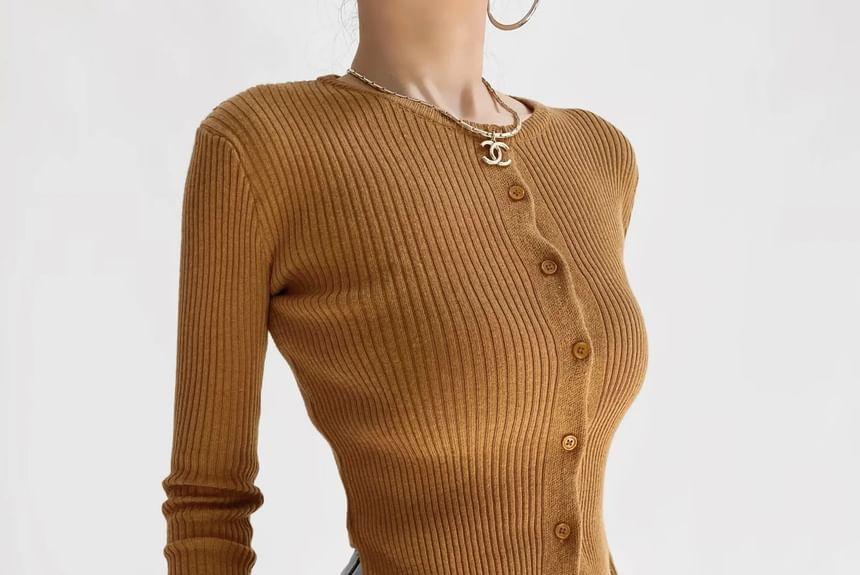 Long-Sleeve Crew Neck Button Ribbed Crop Knit Top Product Image