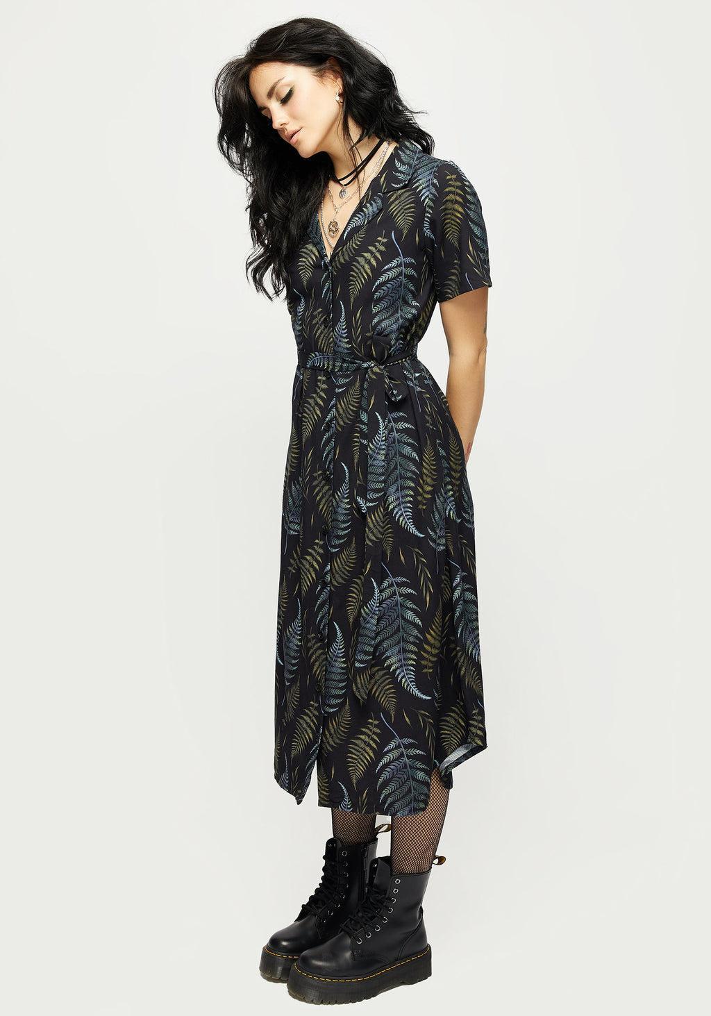 Frond Print Button Up Midi Shirt Dress Product Image