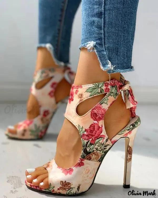 Olivia Mark – Floral Print Open Toe Thin Heeled Sandals Product Image