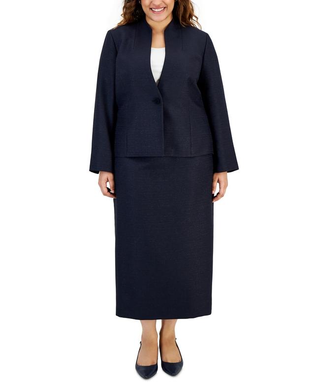 Le Suit Women's Plus Size Shimmer Tweed One Button Jacket And Column Skirt Set, Navy, 20W Product Image