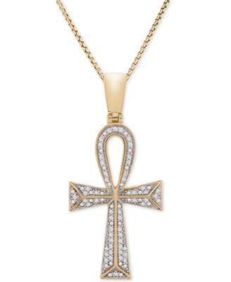 Mens Diamond Ankh Cross 22 Pendant Necklace (1/4 ct. t.w.) in 14k Gold-plated Sterling Silver and Sterling Silver Product Image