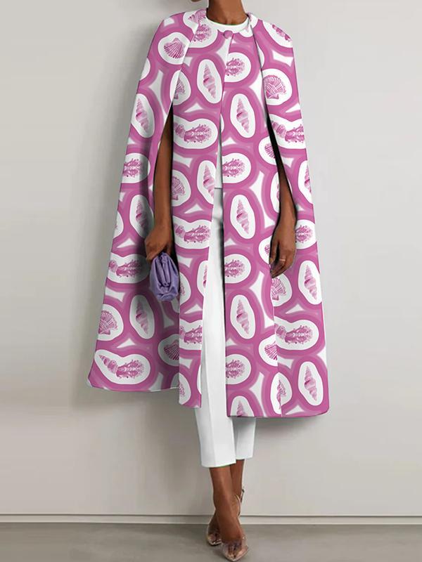 Cap Sleeve Loose Buttoned Printed Split-Front Split-Joint Round-Neck Cape Outerwear Product Image