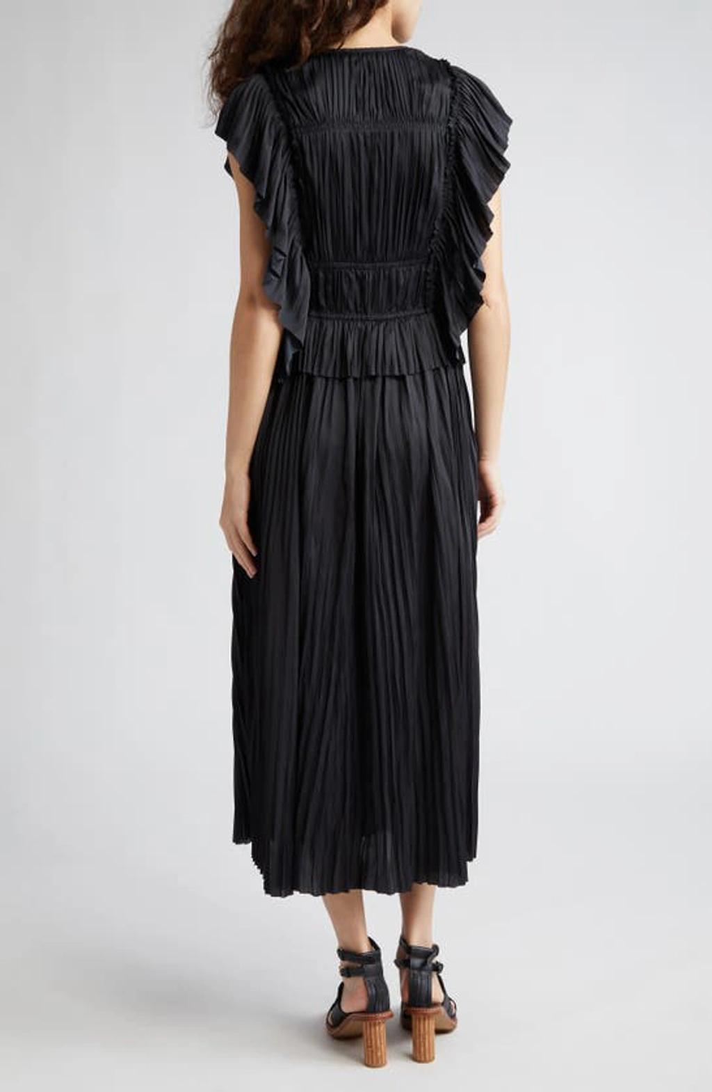 Letty Pleated Ruffle Satin Midi Dress In Noir Product Image