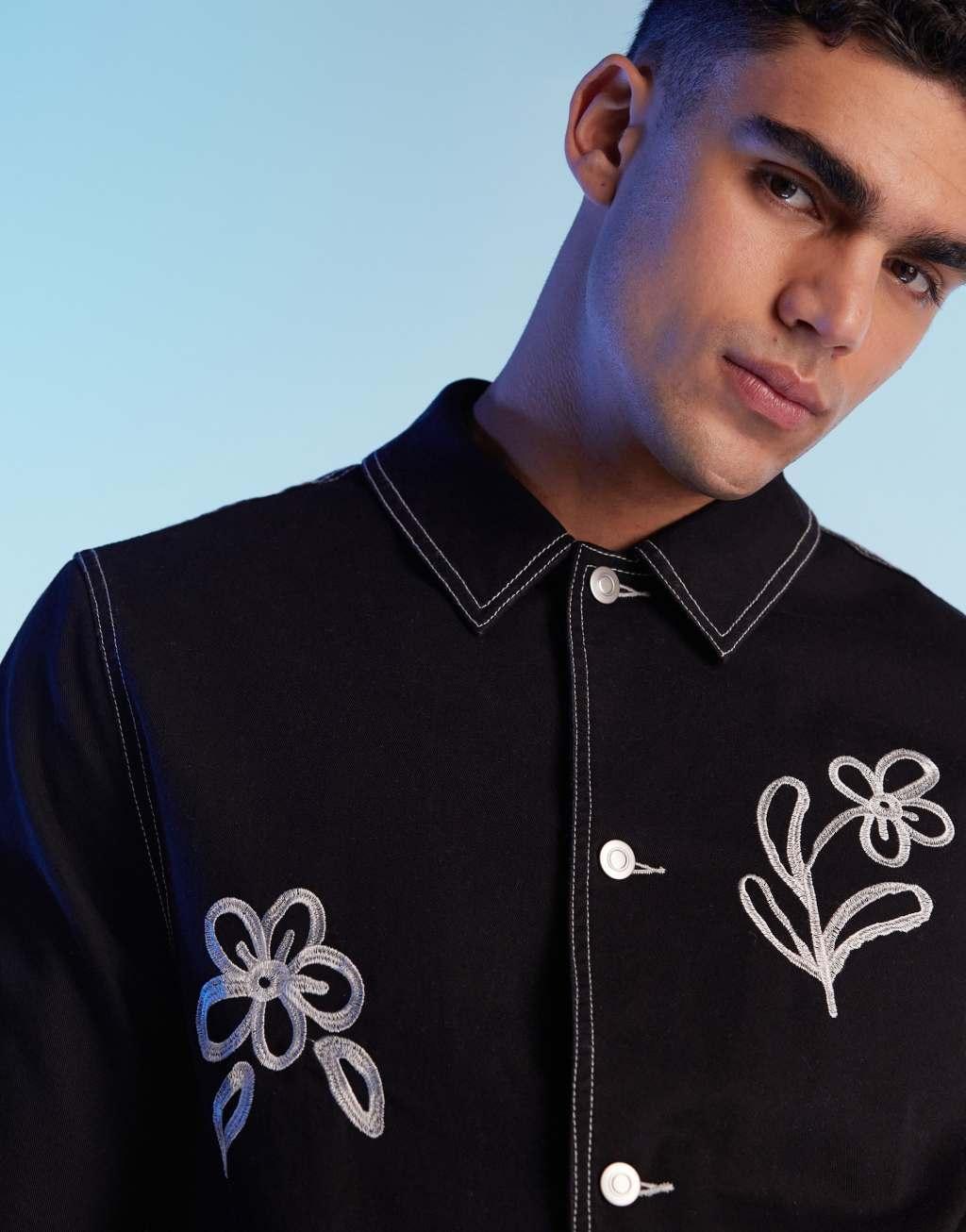 ASOS DESIGN worker jacket with floral embroidery in black Product Image