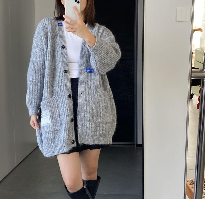 V-Neck Drop Shoulder Oversized Button Cardigan Product Image