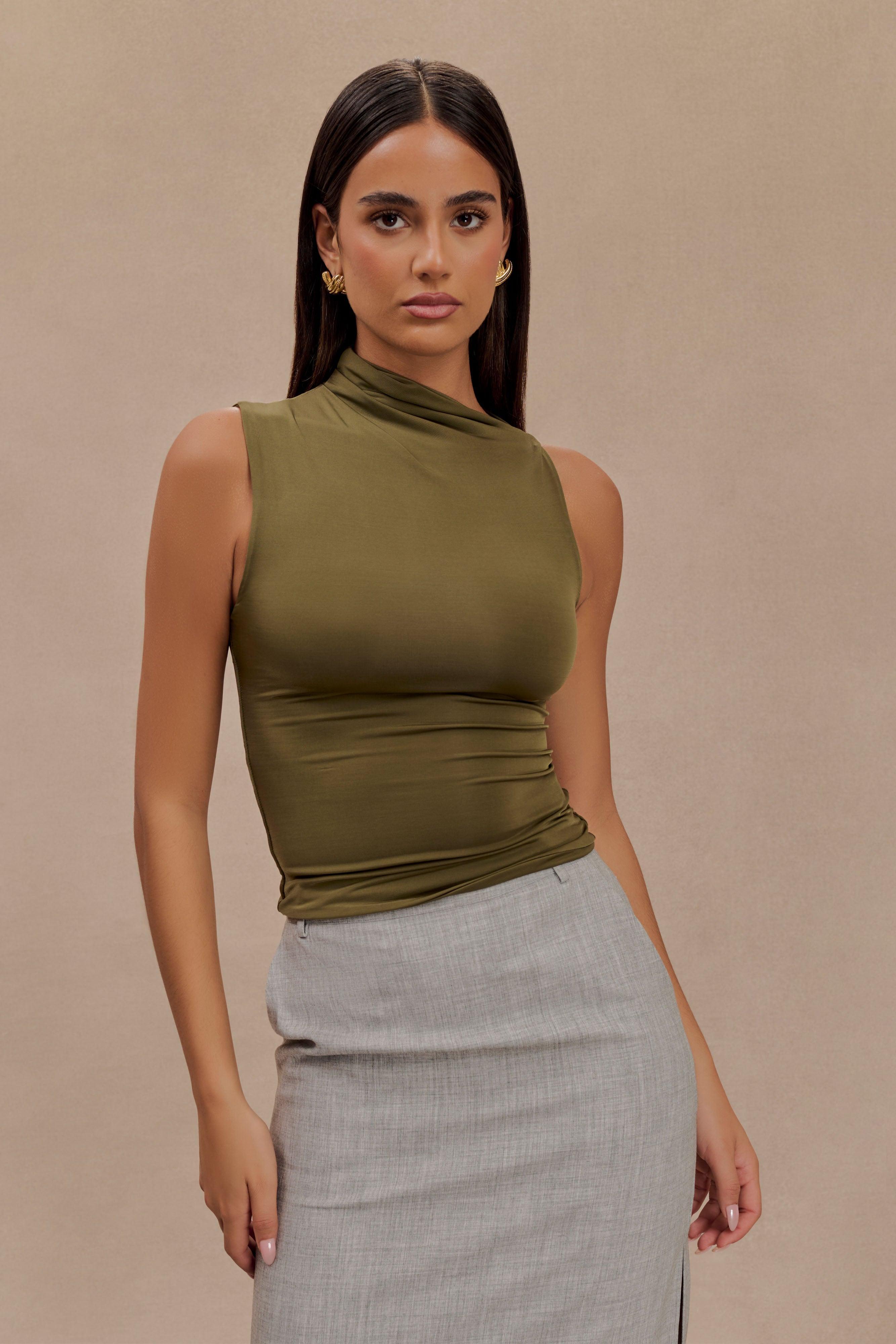 Hadleigh Sleeveless Slinky Top - Dark Olive Product Image