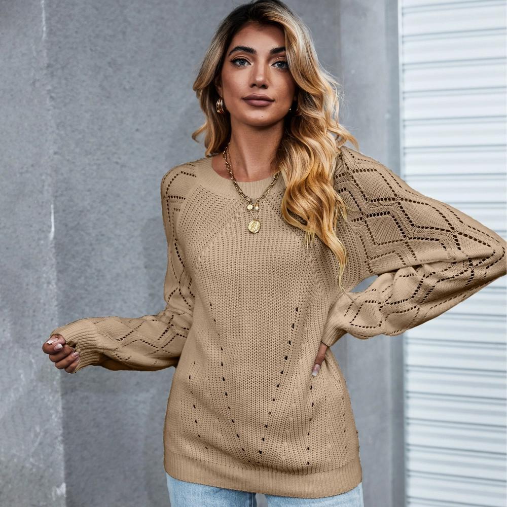 Women's Cutout Raglan Long Sleeve Sweater - Cupshe-XS-Khaki Product Image