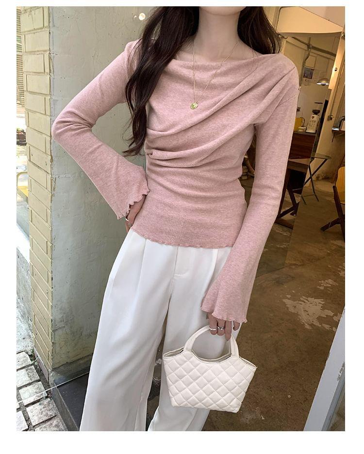 Long-Sleeve Off Shoulder Plain T-Shirt Product Image