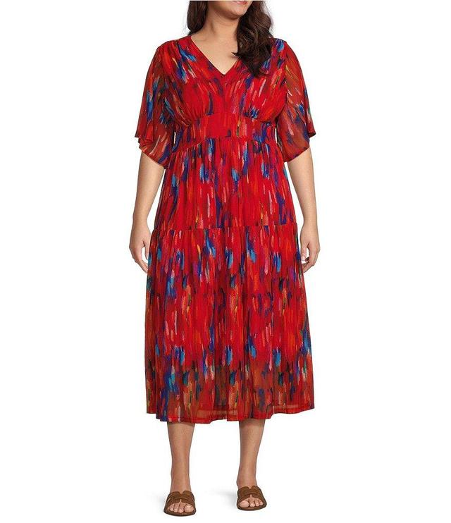 Calessa Plus Size Stretch Mesh Abstract Print V-Neck Short Flutter Sleeve Tiered Hem Midi Dress Product Image