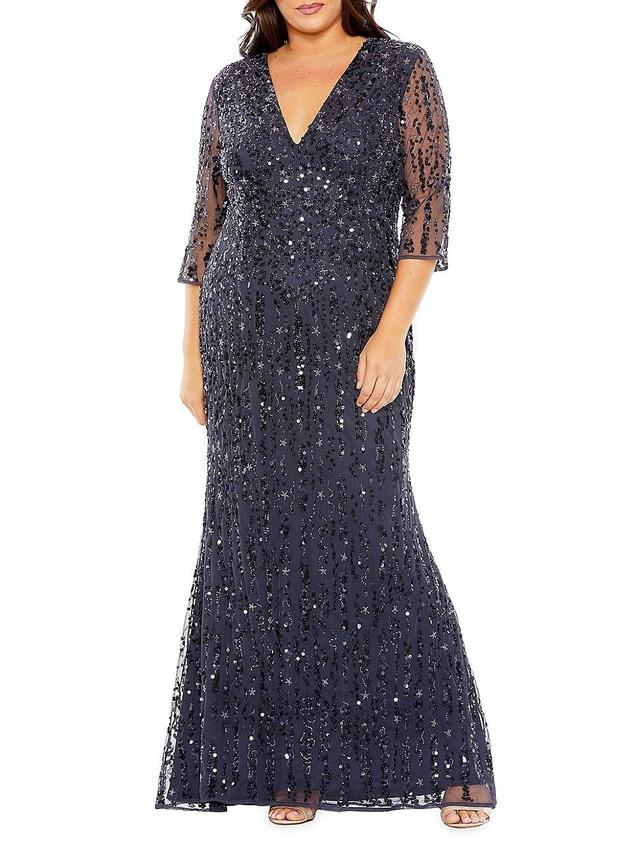 Womens Plus Size V-Neck Mesh-Sleeved Sequin Gown Product Image