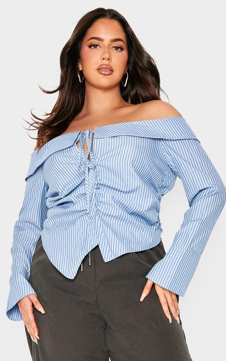 Plus Blue Bardot Striped Fitted Shirt Style Top product image