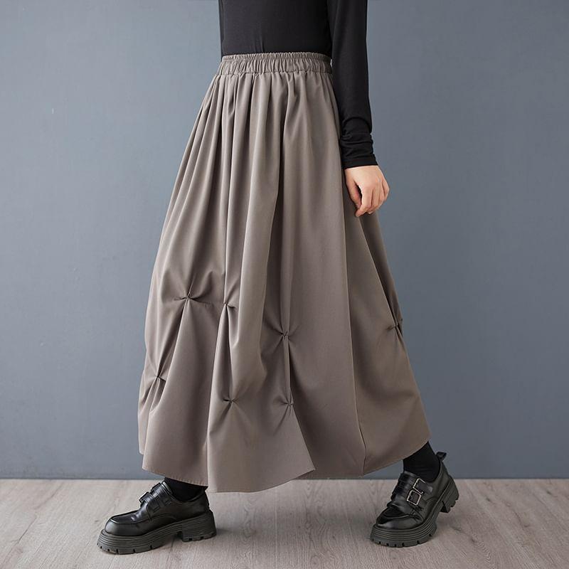 Elastic Waist Plain Asymmetrical Ruched Midi A-Line Skirt Product Image