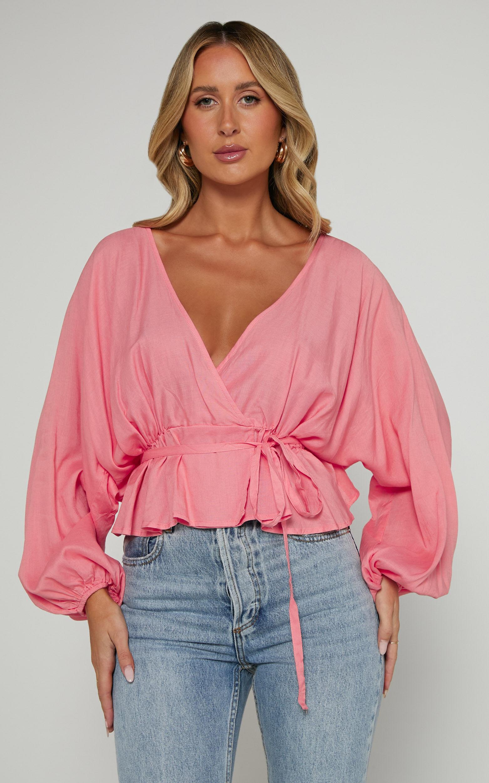 Selena Top - Linen Look V Neck Wrap Long Blouson Sleeve in Peach Product Image