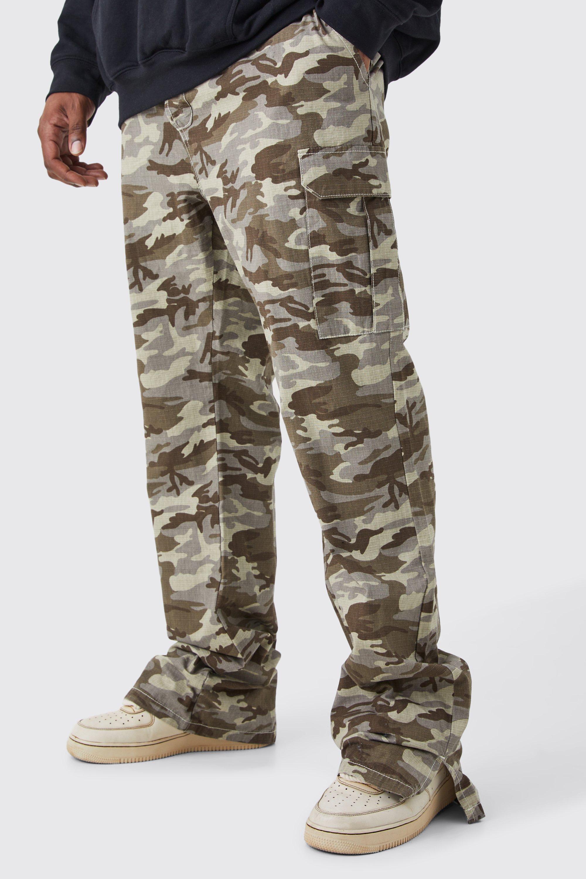 Plus Slim Stacked Ripstop Split Hem Cargo Camo Pants | boohooMAN USA Product Image