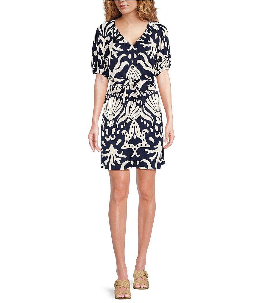 Alex Marie Allison Satin Shell Print Crepe Short Sleeve Belted A-Line Dress Product Image