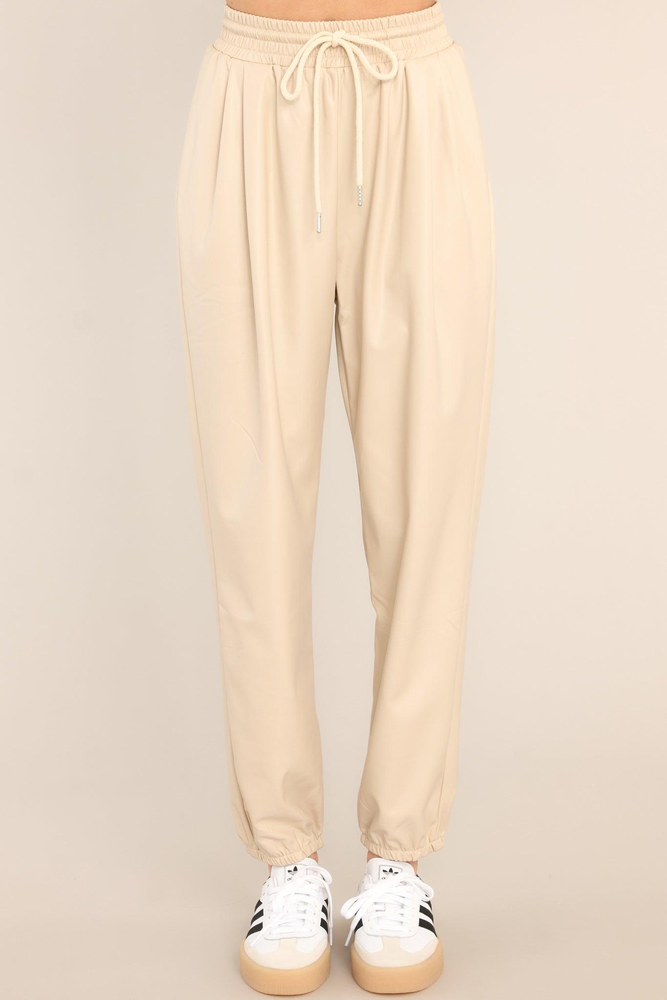 Wishful Dreamer Beige Faux Leather Jogger Pants Product Image