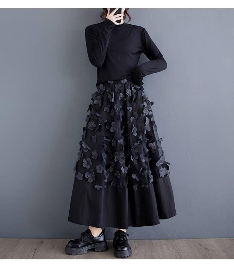 High Rise Plain Flower Applique Maxi A-Line Skirt Product Image