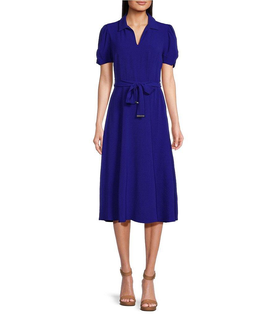 DKNY by Donna Karan Short Sleeve Collared V Neckline Short Puff Sleeve Midi Dress Product Image