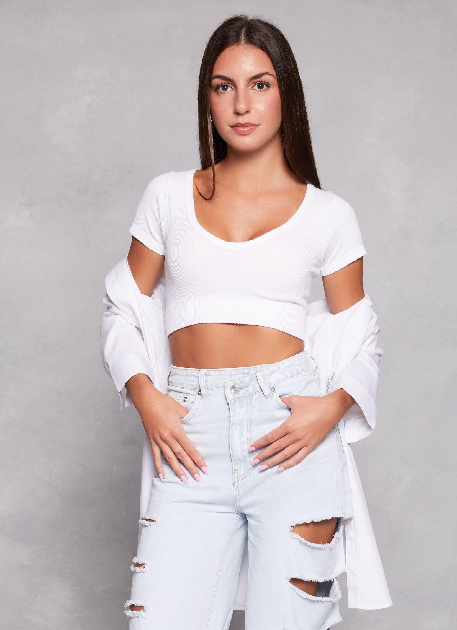 Womens Seamless Ribbed V Neck Crop Top Product Image