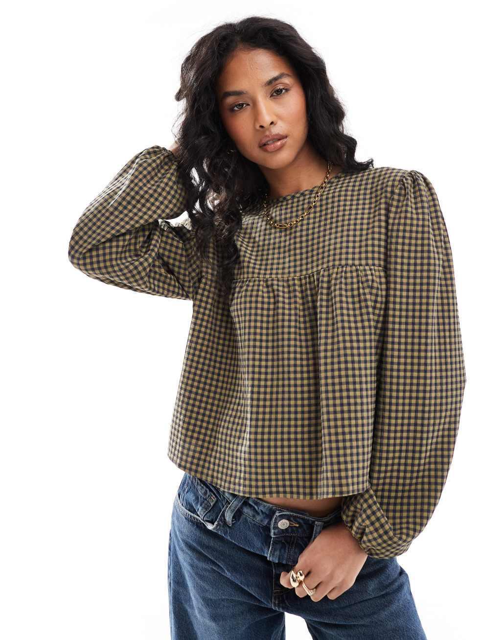 ASOS DESIGN long sleeve smock blouse in khaki gingham Product Image