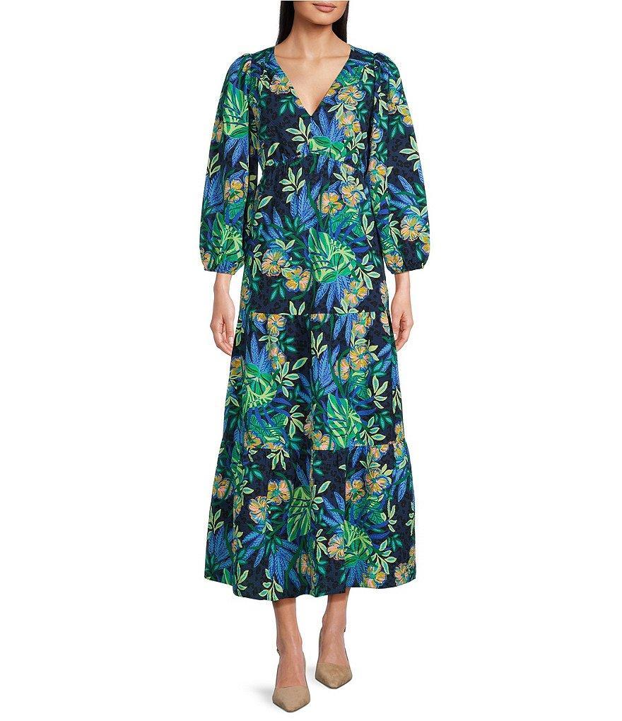 Lilly Pulitzer Deacon Paradise Pucker Print V-Neck 3/4 Sleeve Maxi A-Line Dress Product Image