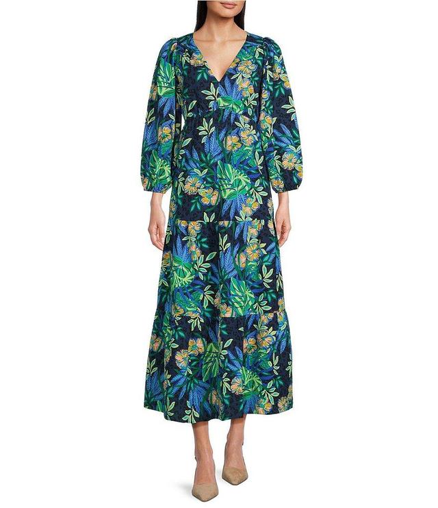 Lilly Pulitzer Deacon Paradise Pucker Print V-Neck 3/4 Sleeve Maxi A-Line Dress Product Image