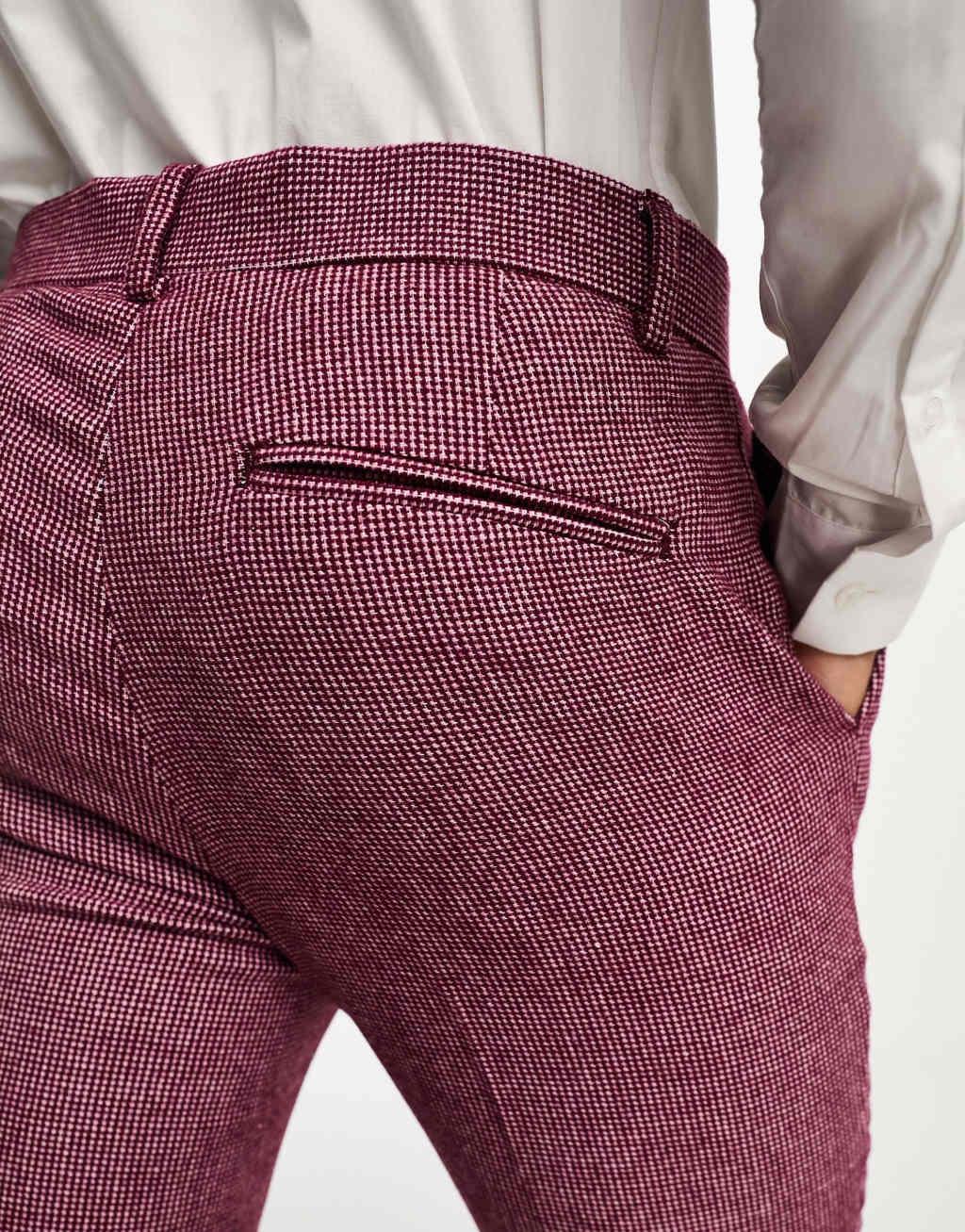 ASOS DESIGN Wedding super skinny wool mix puppytooth suit pants in burgundy Product Image