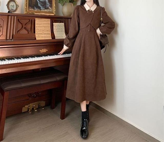 Long-Sleeve Collar Plain Mock Two-Piece Midi A-Line Dress Product Image