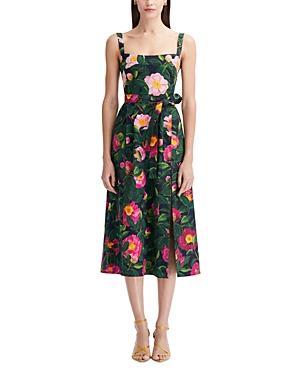 Oscar de la Renta Camellias Floral Bow Square Neck Stretch Cotton Poplin Dress Product Image