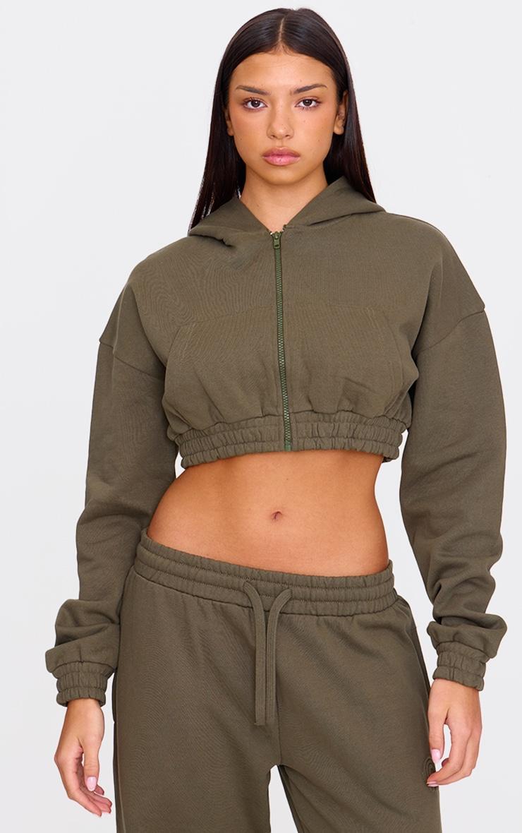 Olive Premium Cropped Waistband Detail Sweat Hoodie product image