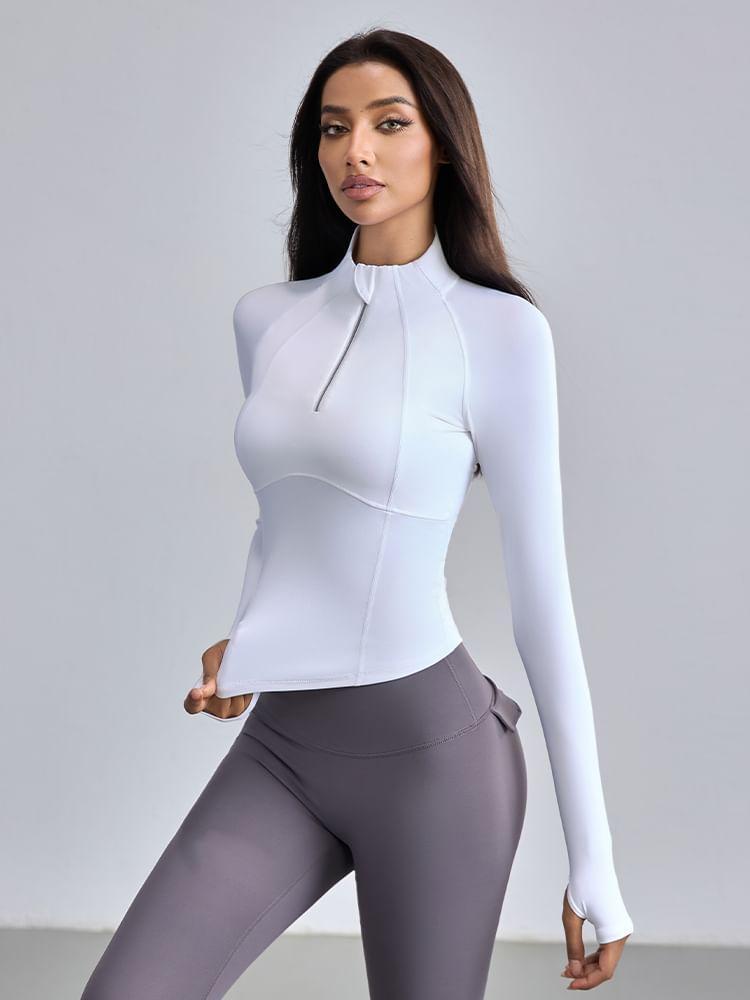 Long Sleeve Stand Collar Plain Panel Half Zip Yoga Top Product Image