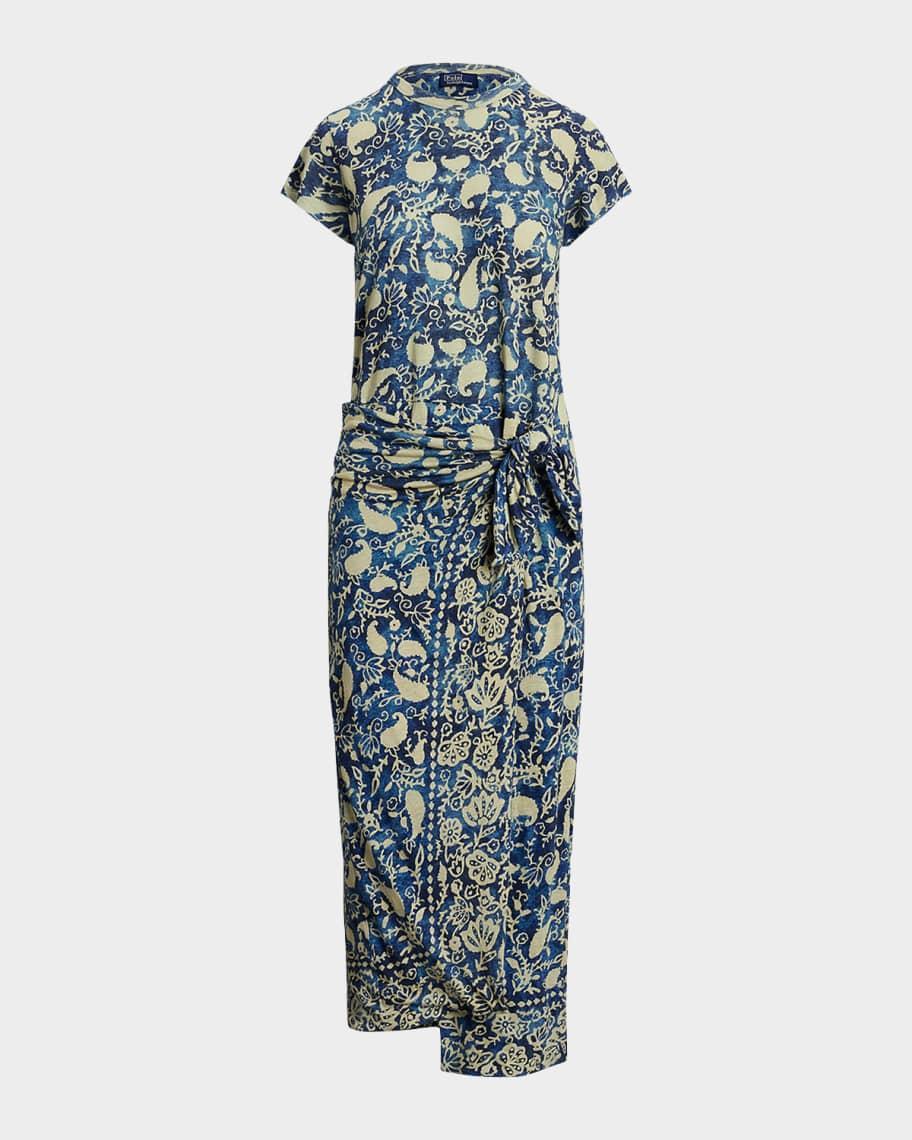 Printed Linen Faux-Wrap Dress Product Image