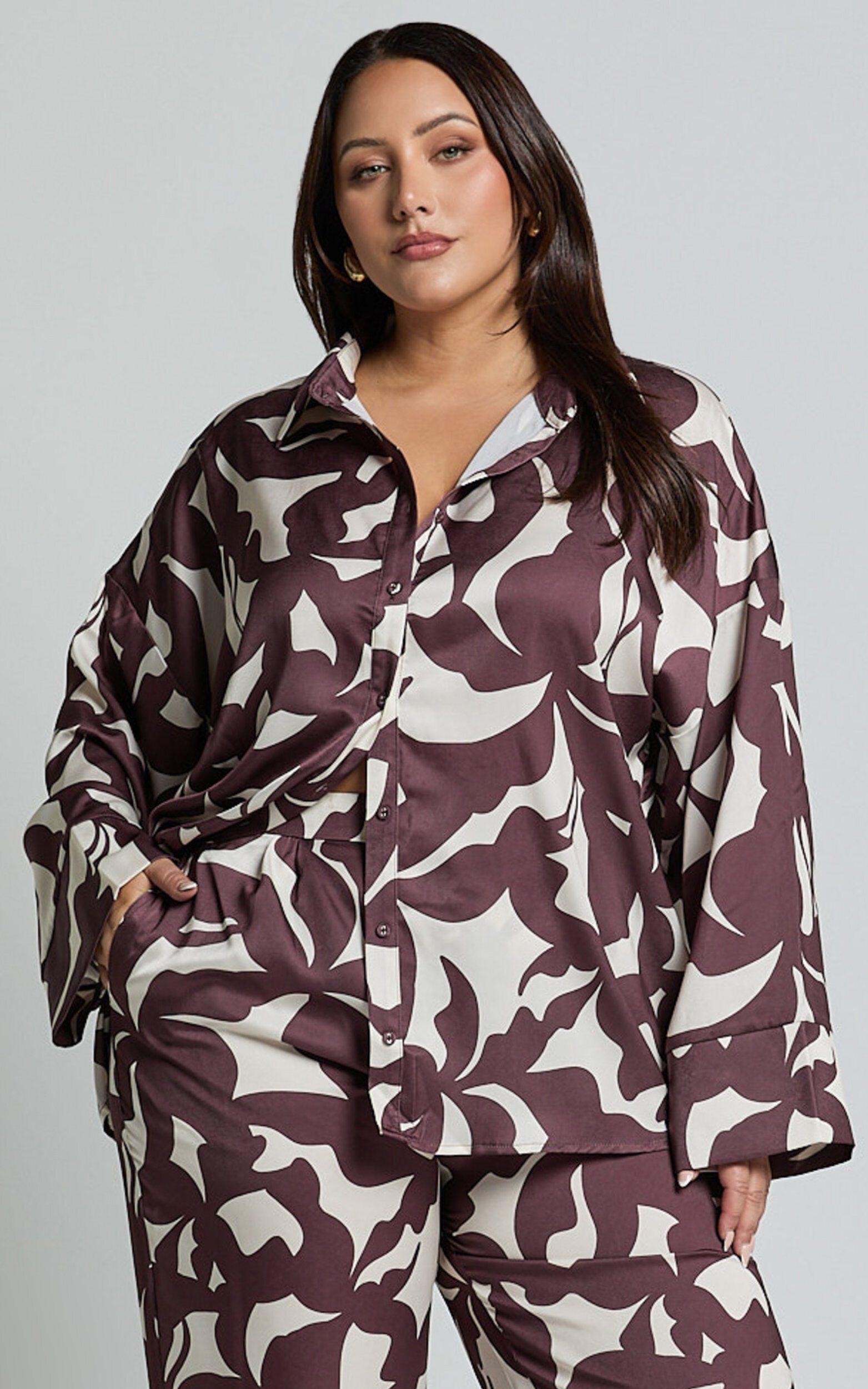 Janissa Shirt - Long Sleeve Satin Shirt in Brown Floral Product Image