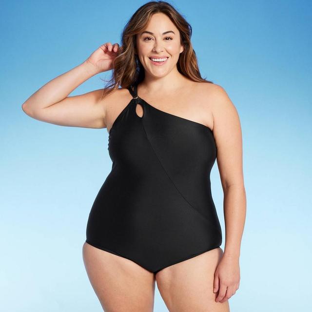 Lands End Womens UPF 50 Full Coverage Tummy Control One Shoulder One Piece Swimsuit - Black 2X Product Image