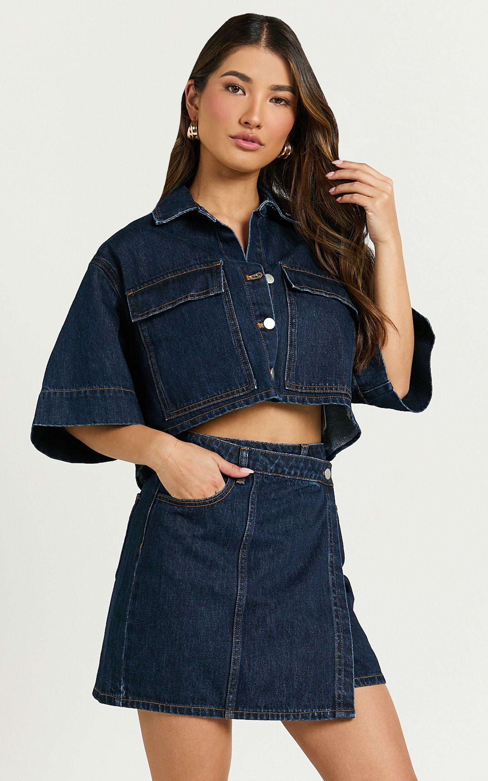 Katherine Top - Crop Button Down Collared Recycled Denim Short Sleeve Top in Dark Blue Wash Product Image