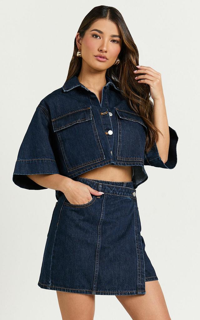 Katherine Top - Crop Button Down Collared Recycled Denim Short Sleeve Top in Dark Blue Wash Product Image