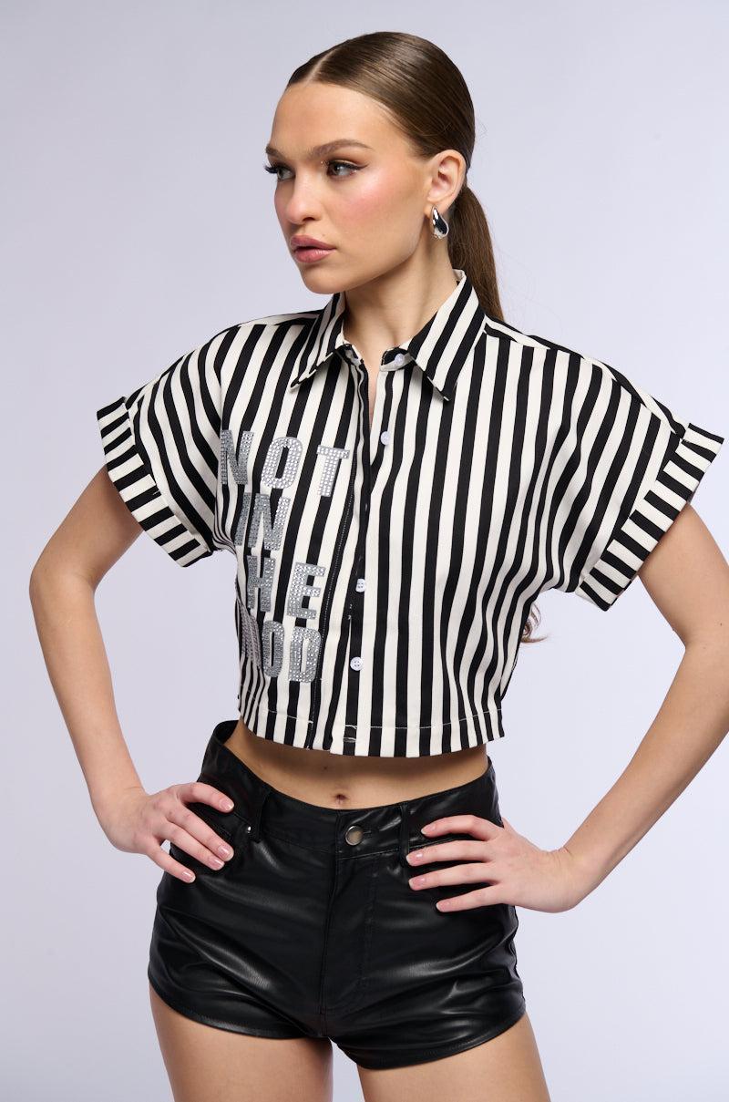 NOT IN THE MOOD STRIPED BUTTON DOWN CROP BLOUSE Product Image