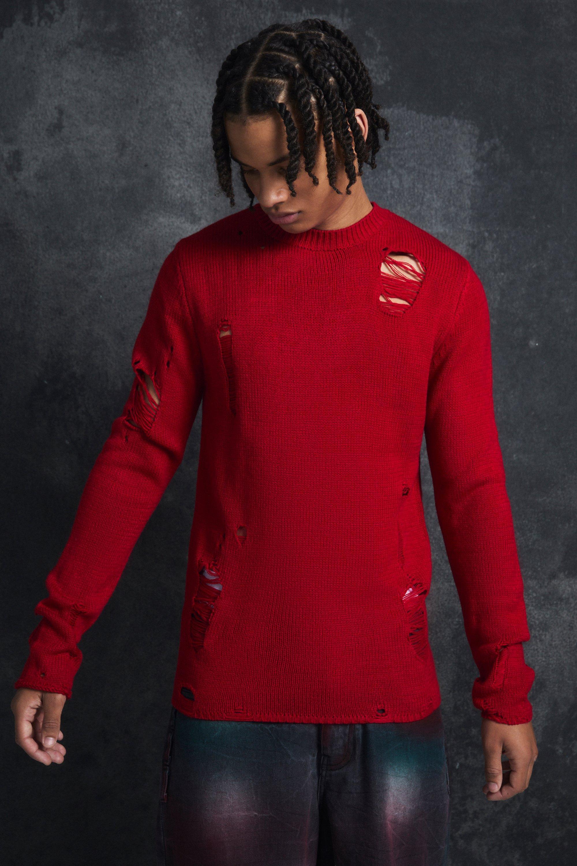 Trippie Redd Muscle Fit Distressed Sweater | boohooMAN USA Product Image