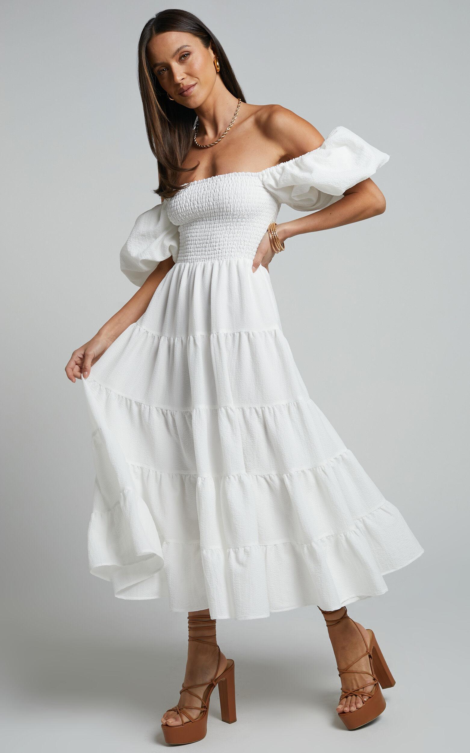 Maxima Midi Dress - Puff Sleeve Shirred Bodice Tiered Dress in White Product Image