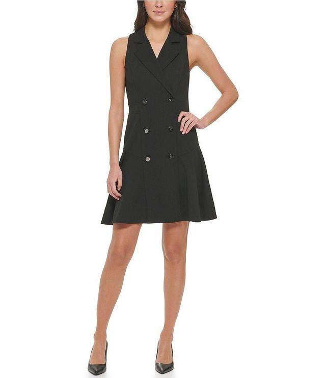 DKNY by Donna Karan Scuba Crepe Surplice Point Lapel Sleeveless Ruffle Hem Mini Dress Product Image