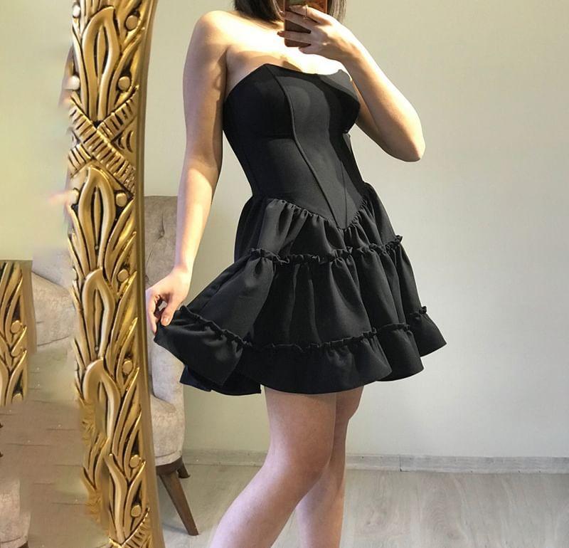 Strapless Sweetheart Neck Plain Ruffle Trim A-Line Mini Dress Product Image