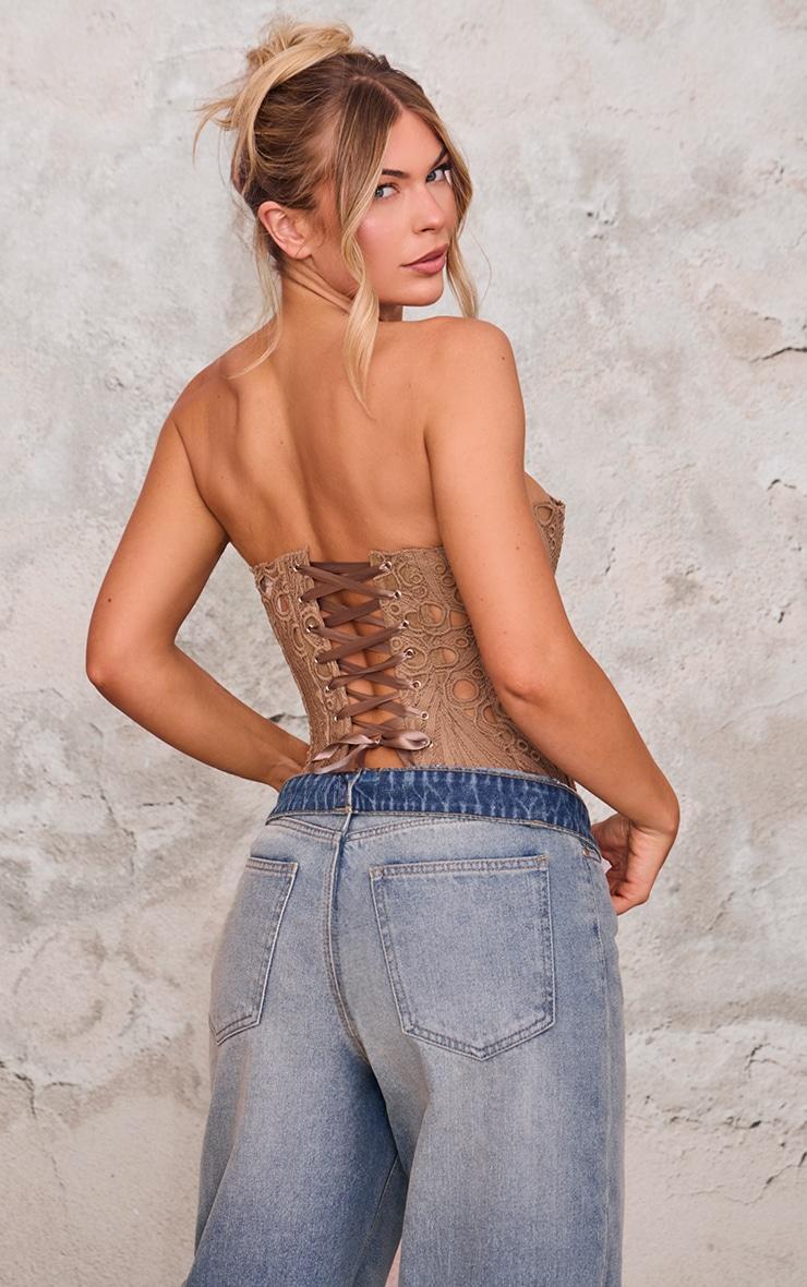 Brown Textured Sheer Floral Lace Corset Product Image