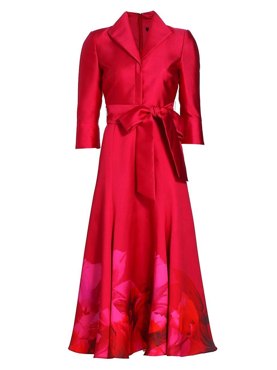 3/4-Sleeve Belted Floral-Print Midi Shirtdress Product Image