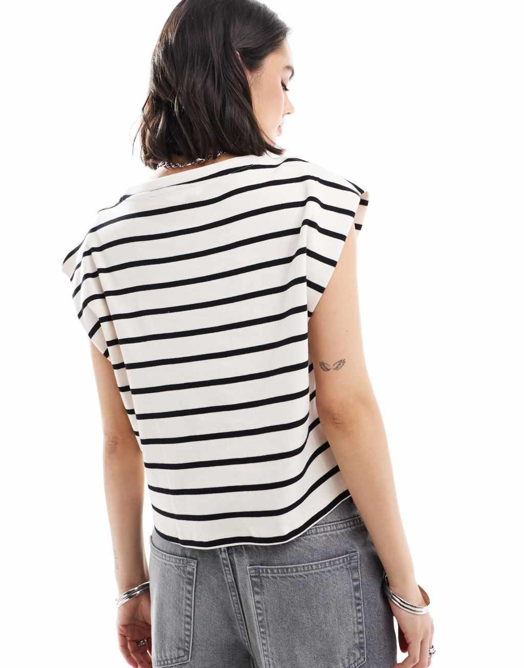 Mango shoulder detail striped top in white Product Image