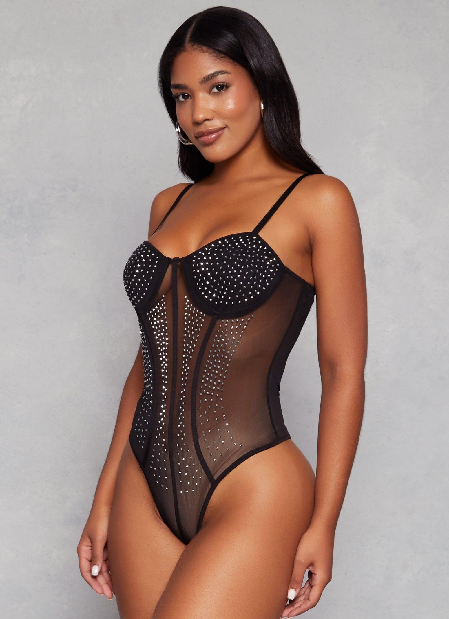 Womens Rhinestone Mesh Detail Bustier Bodysuit Product Image